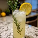 A tall glass filled with ice and a yellow Citrus Rosemary Lemonade Mocktail, garnished with a lemon slice and fresh rosemary sprigs.