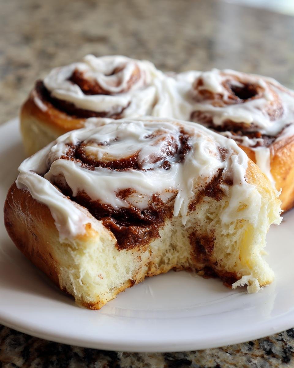 Close-up of Classic Homemade Cinnamon Rolls, one with a bite taken out showing fluffy interior and thick white frosting.