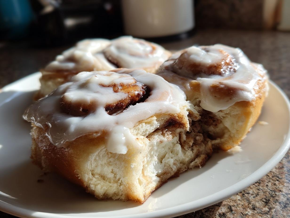 Three fluffy Classic Homemade Cinnamon Rolls covered in thick white icing on a white plate.