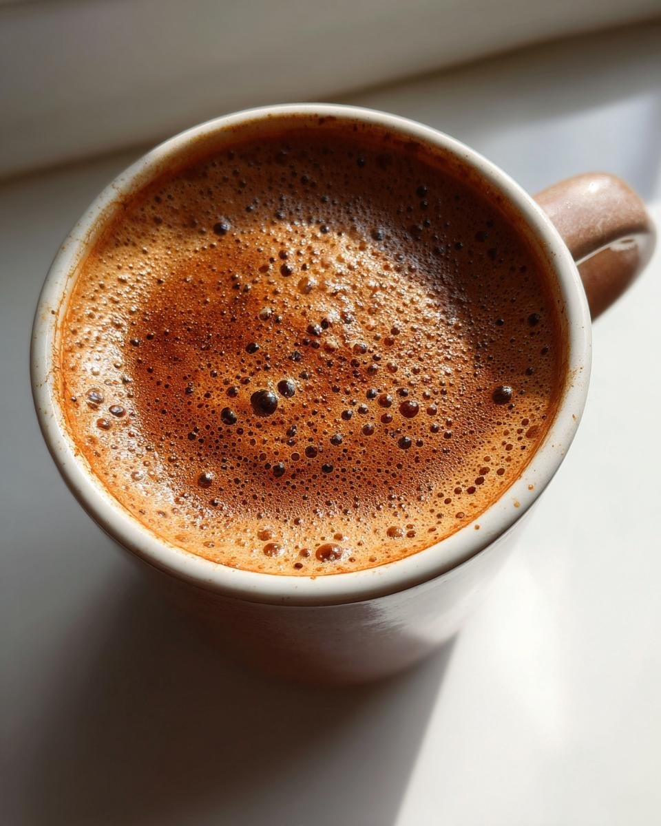 Close-up overhead view of a frothy Coconut Chai Latte in a white mug with a brown handle.