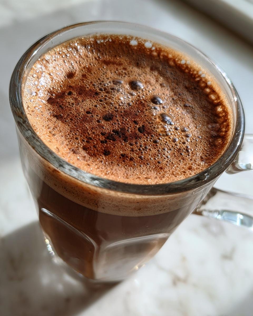 Close-up of a frothy Coconut Chai Latte in a clear glass mug, with rich brown foam and subtle light reflections.