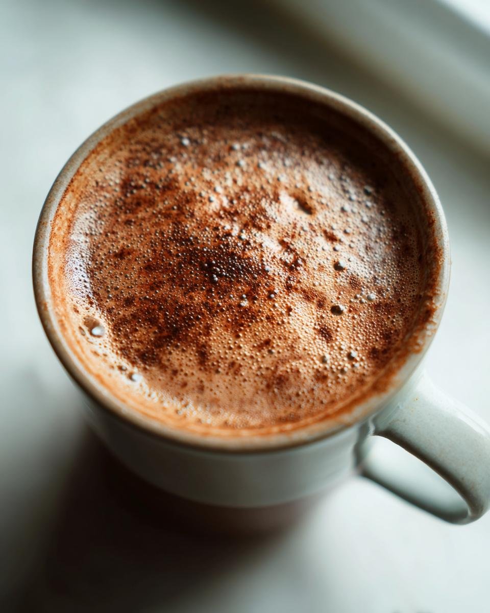 Close-up of a frothy Coconut Chai Latte in a white mug, dusted with cinnamon.