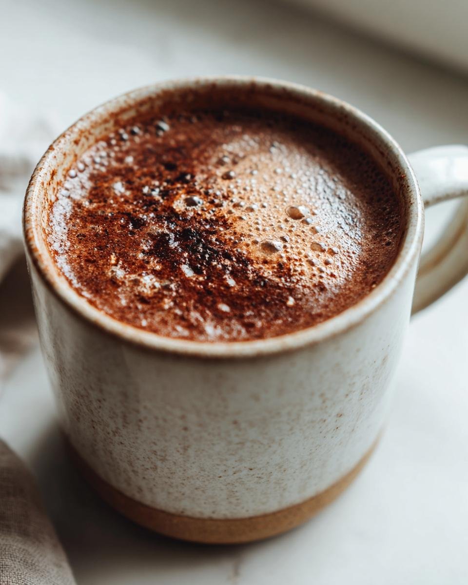 Close-up of a frothy Coconut Chai Latte in a rustic, speckled mug, dusted with cinnamon.