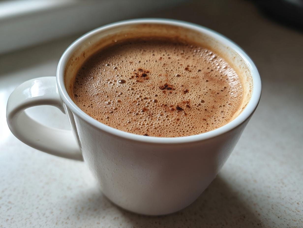A close-up of a frothy Coconut Chai Latte in a white mug, perfect for a cozy moment.