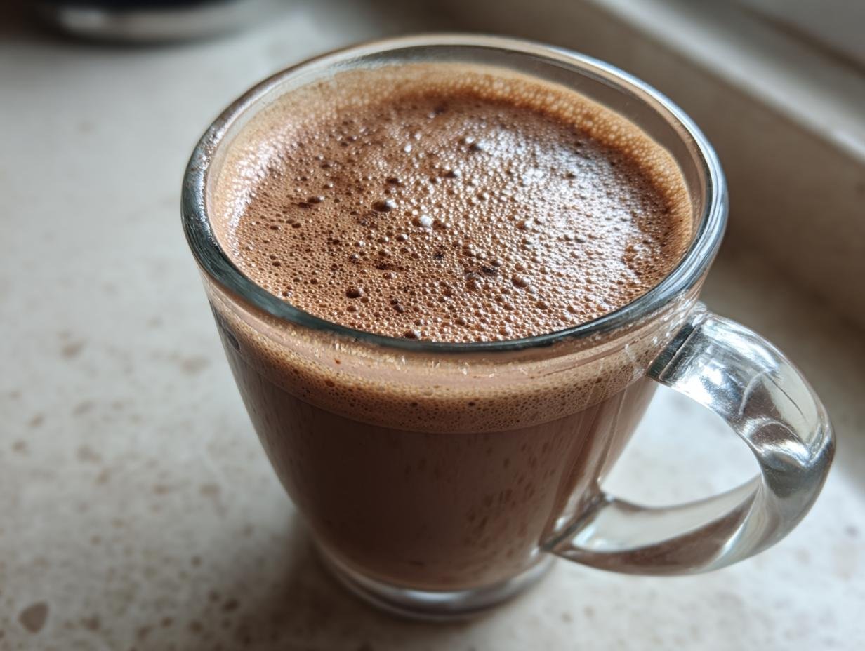 A close-up of a glass mug filled with frothy Coconut Cream Hot Cocoa, showing rich chocolate color and bubbly foam.