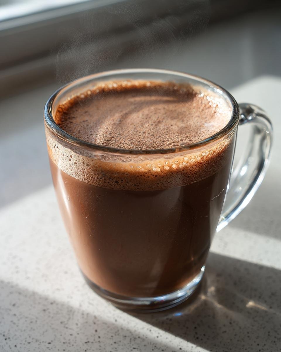 A close-up of a steaming mug of rich Coconut Cream Hot Cocoa with a frothy top, illuminated by sunlight.