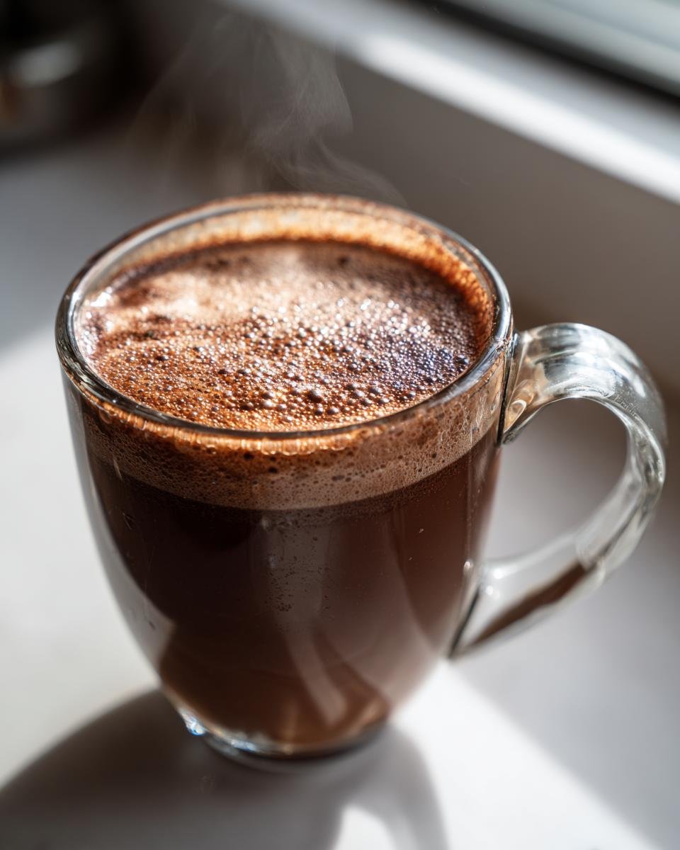 A clear glass mug filled with steaming Coconut Cream Hot Cocoa, topped with a frothy layer.