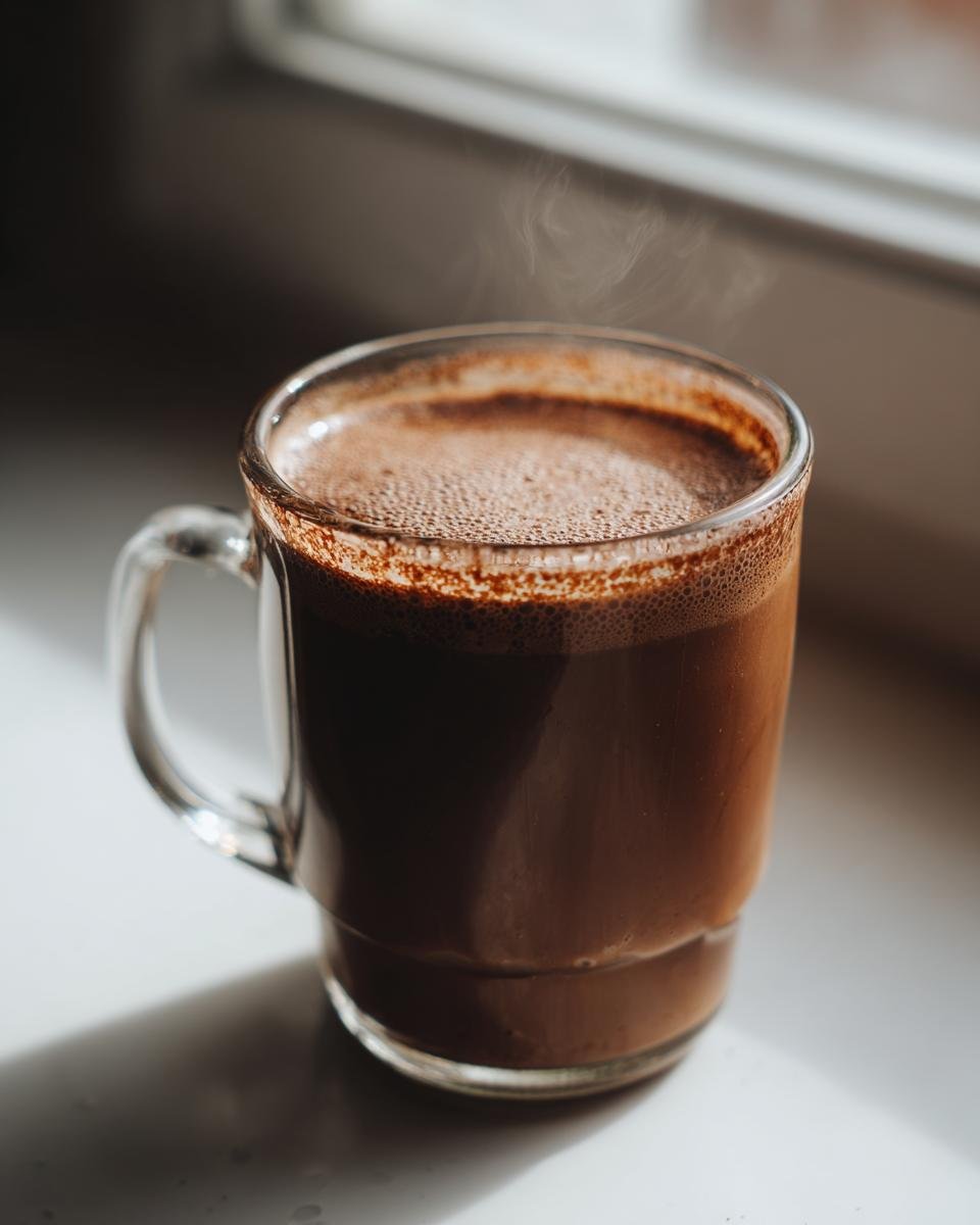 A close-up of a steaming mug of rich Coconut Cream Hot Cocoa, with a frothy top and warm lighting.