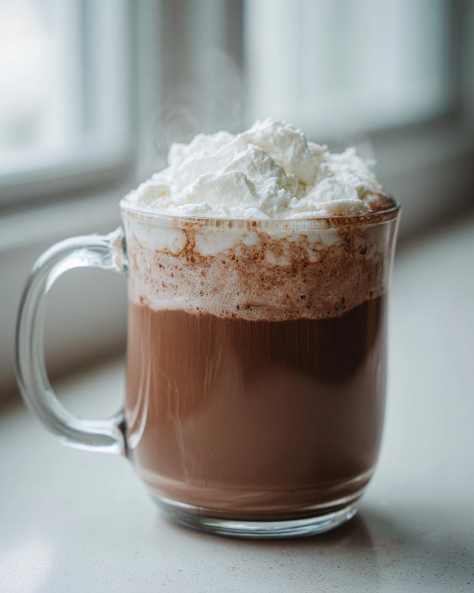 A steaming mug of rich Coconut Cream Hot Cocoa topped with a generous swirl of whipped cream.