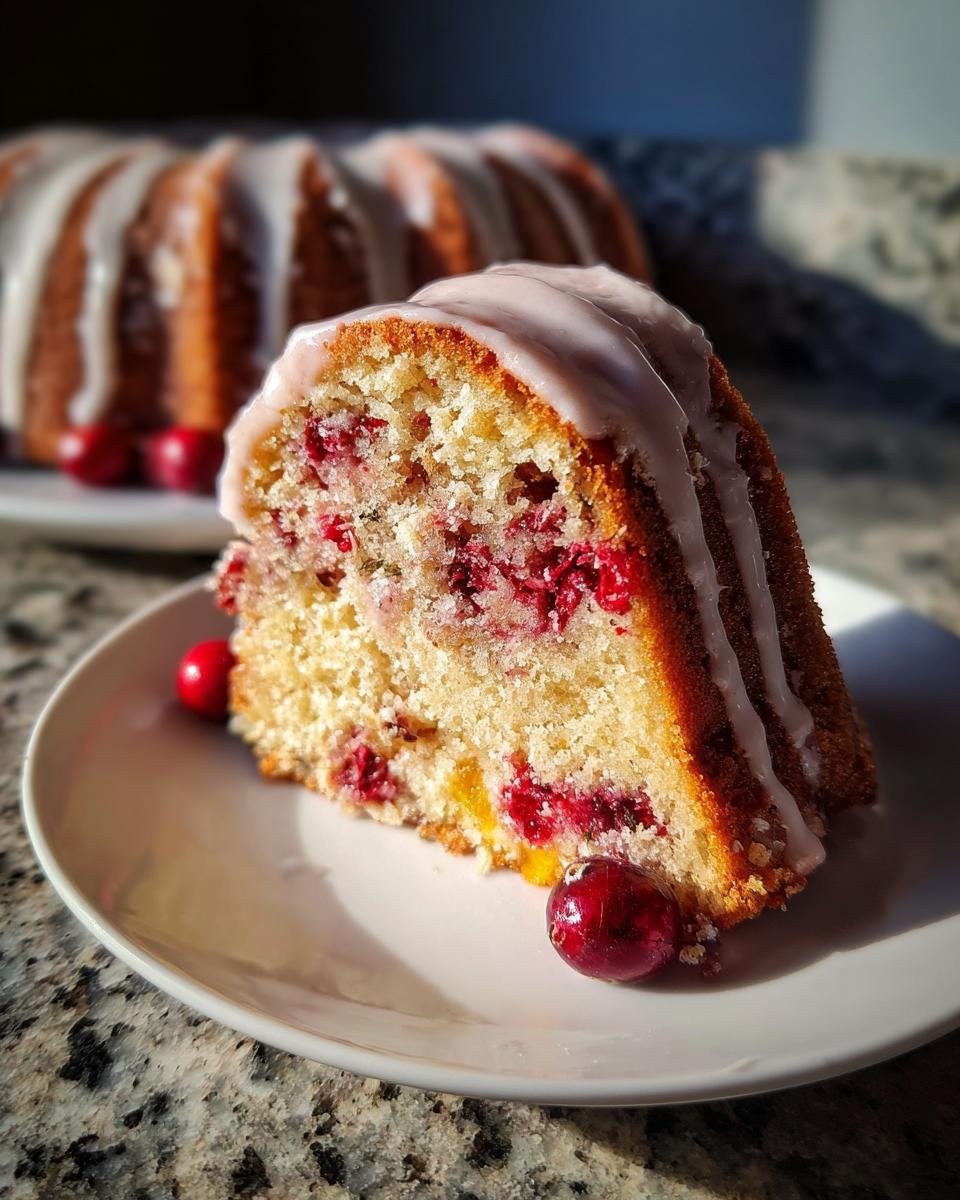 Close-up of a slice of Cranberry Orange Bundt Cake with white glaze drizzled over it, garnished with fresh cranberries.