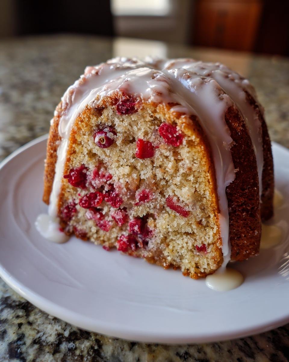 A close-up of a slice of Cranberry Orange Bundt Cake, showing bright red cranberries in the moist crumb and white glaze dripping down.