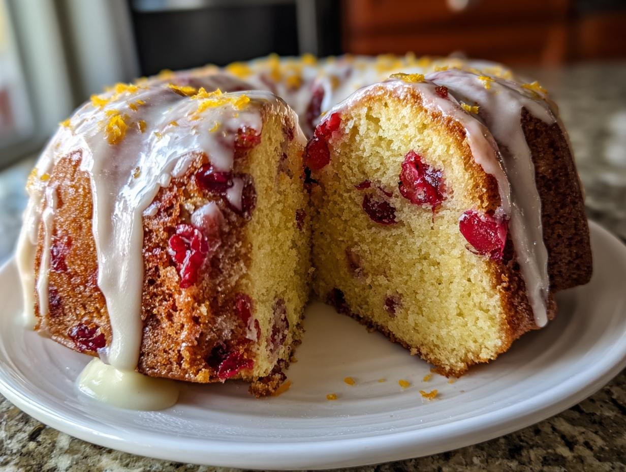 A slice cut from a Cranberry Orange Bundt Cake, showing moist yellow crumb, whole cranberries, and white glaze.