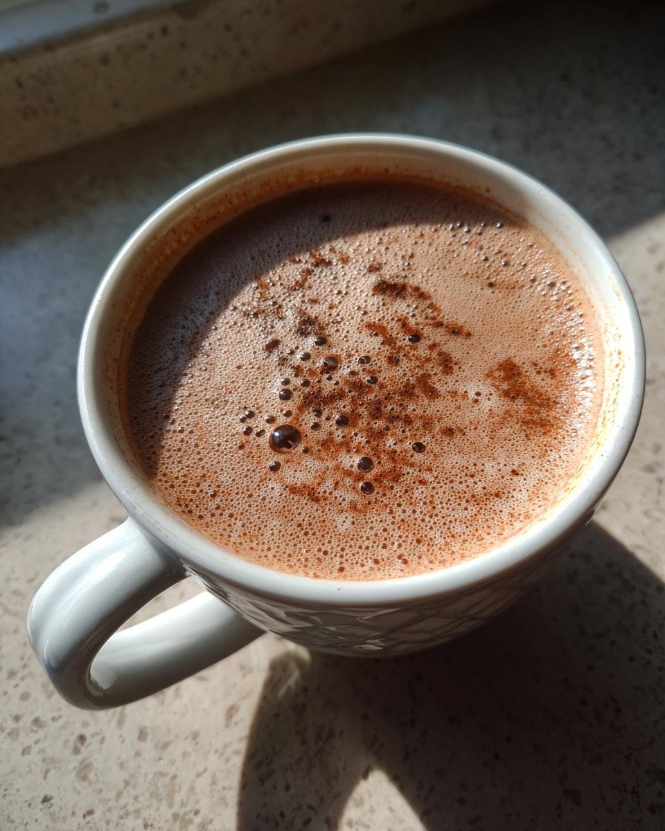 A close-up of a frothy mug of Creamy Almond Butter Hot Chocolate, dusted with cocoa powder.