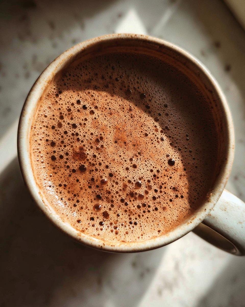 Close-up overhead view of a mug filled with frothy Creamy Almond Butter Hot Chocolate.