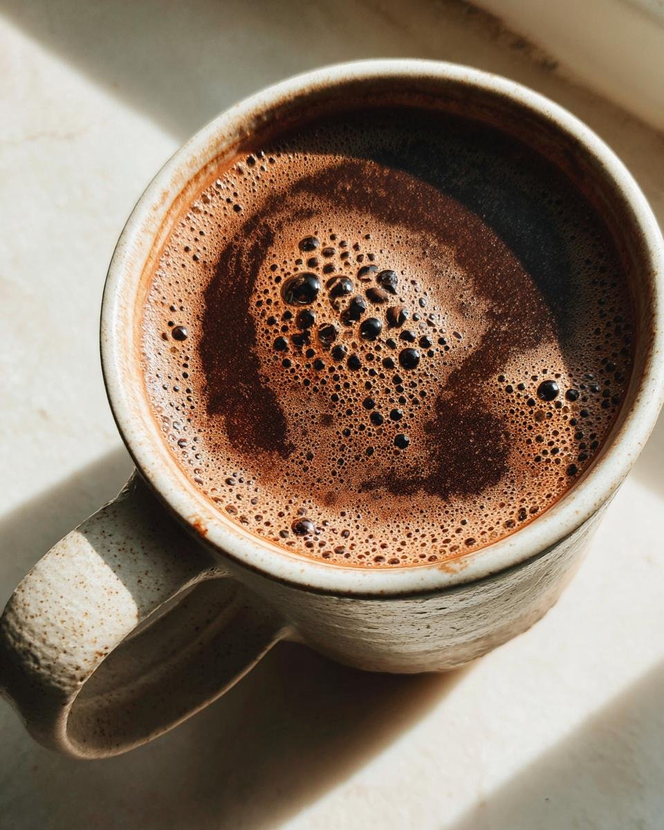 Close-up of a mug filled with creamy almond butter hot chocolate, showing rich foam and bubbles.