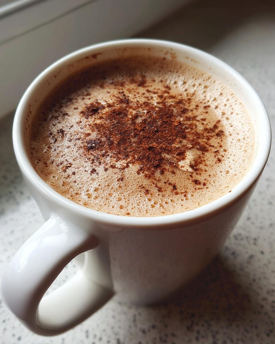A close-up of a steaming mug of Creamy Almond Butter Hot Chocolate, topped with foam and cocoa powder.
