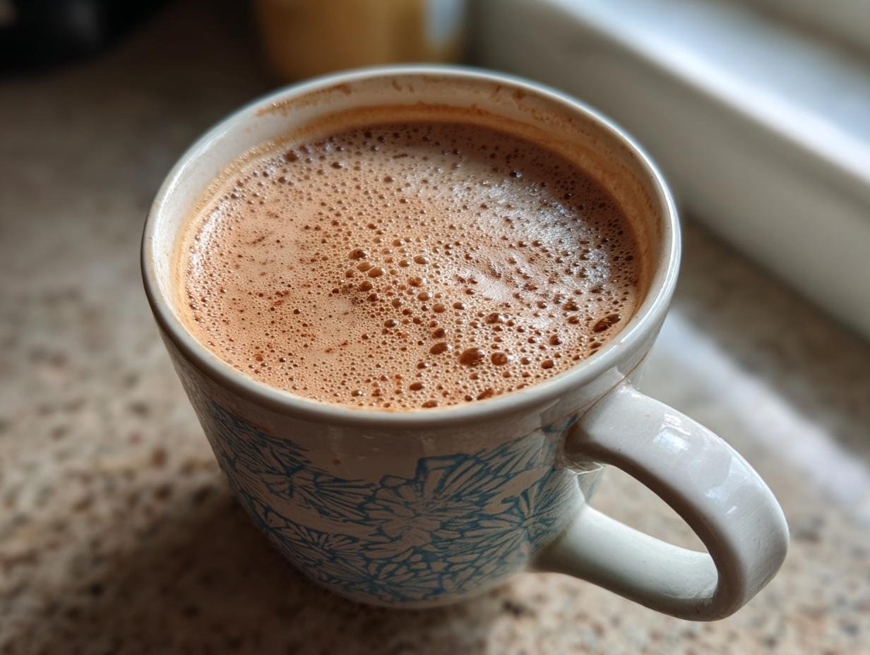 A close-up of a frothy mug of Creamy Almond Butter Hot Chocolate, with a decorative blue pattern on the mug.