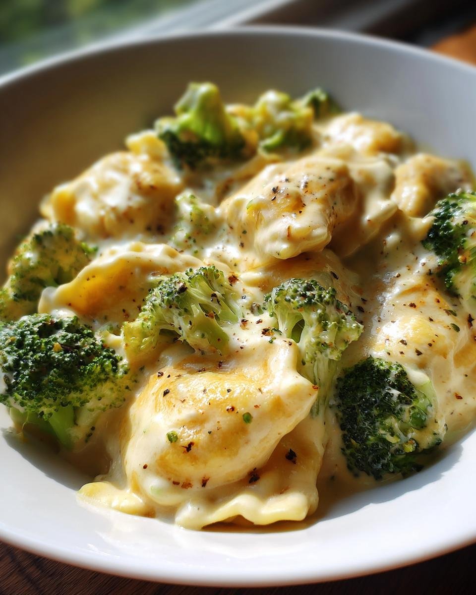 A close-up of a bowl filled with Creamy Broccoli Alfredo Ravioli, featuring tender ravioli and vibrant broccoli florets coated in a rich Alfredo sauce.