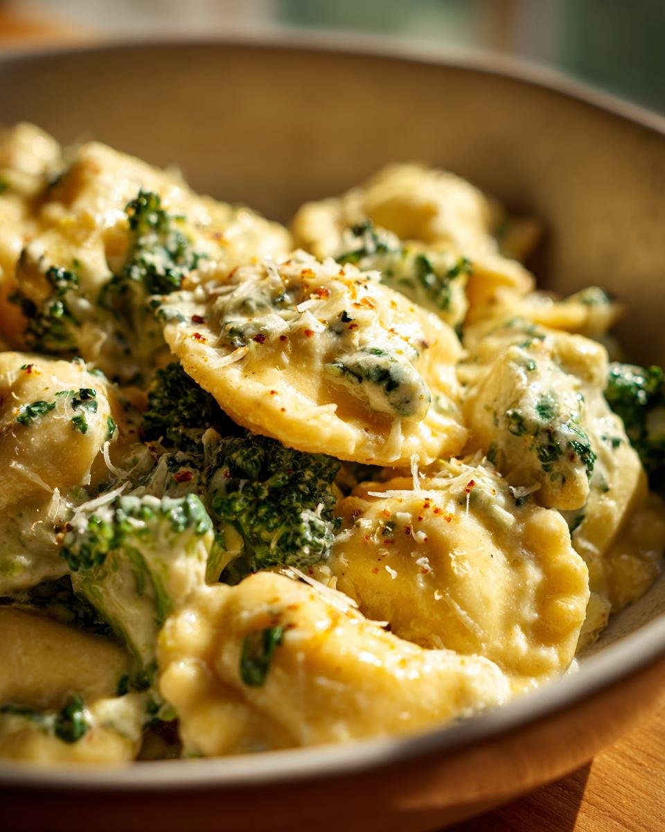 A close-up shot of Creamy Broccoli Alfredo Ravioli in a bowl, covered in rich Alfredo sauce with florets of broccoli.
