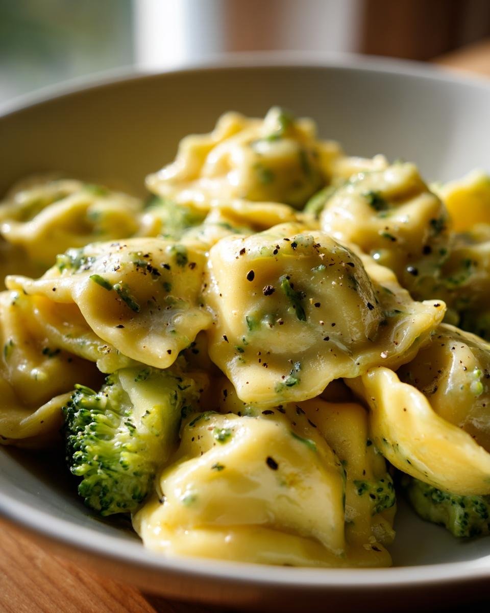 A close-up shot of Creamy Broccoli Alfredo Ravioli, showing the pasta coated in a rich sauce with tender broccoli florets.