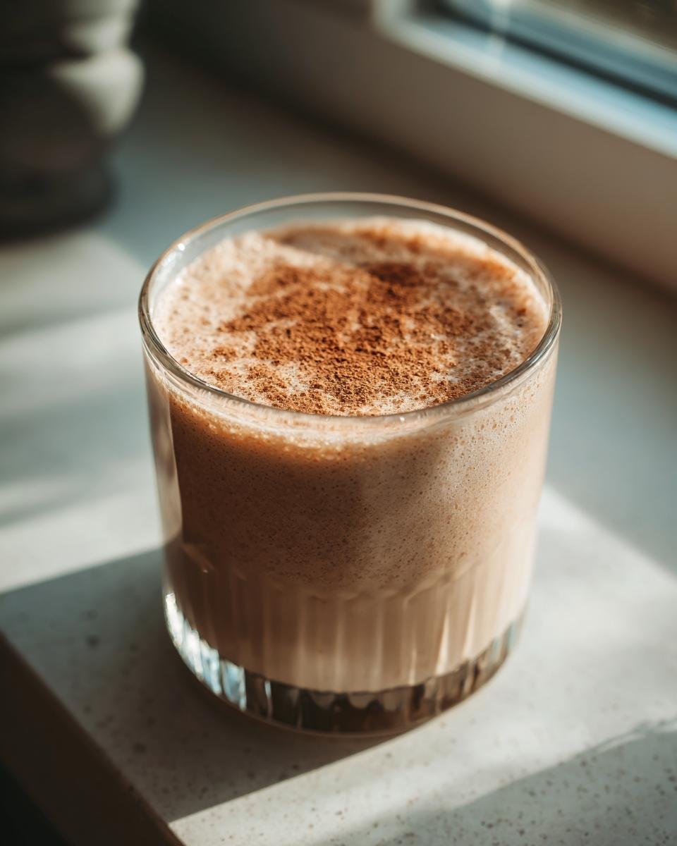 A close-up of a Creamy Cinnamon Vanilla Smoothie in a glass, topped with a dusting of cinnamon.