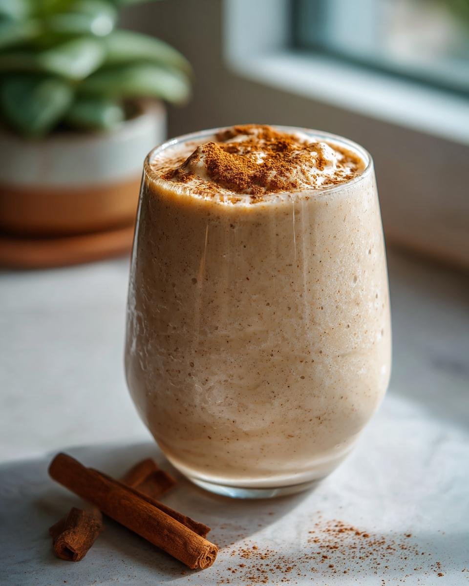 A tall glass filled with a creamy cinnamon vanilla smoothie, topped with whipped cream and a sprinkle of cinnamon. Cinnamon sticks are on the side.