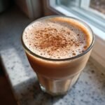 A close-up of a creamy cinnamon vanilla smoothie in a glass, topped with cinnamon powder.