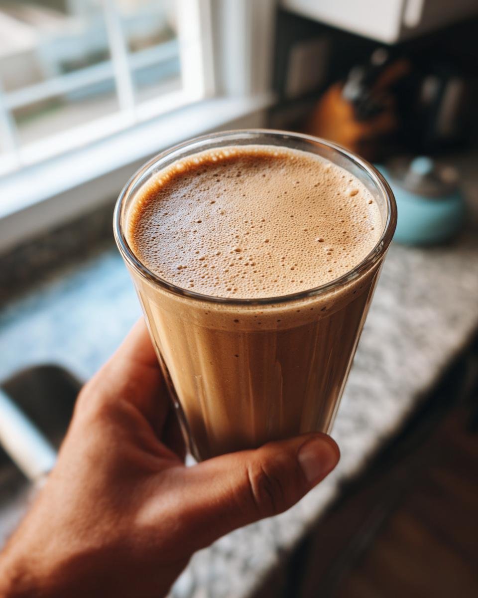 Hand holding a glass of creamy cinnamon vanilla smoothie with frothy top.