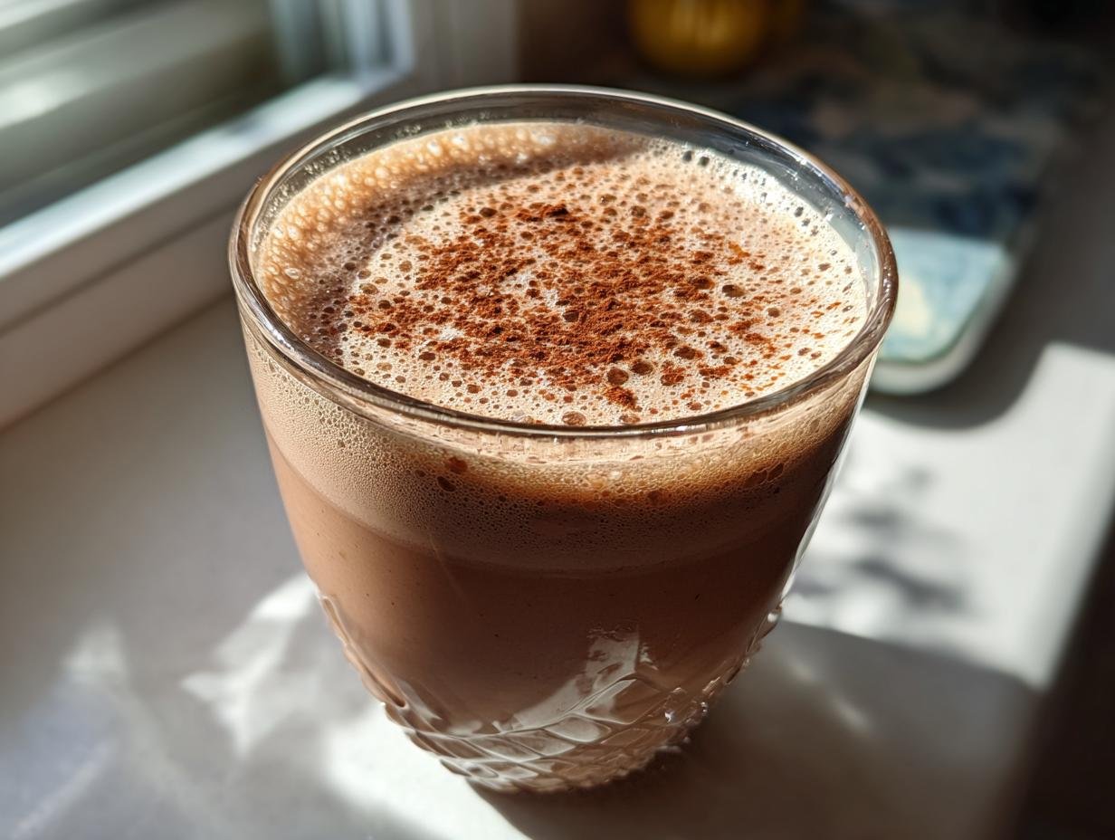 A close-up of a Creamy Cinnamon Vanilla Smoothie in a glass, topped with cinnamon powder.