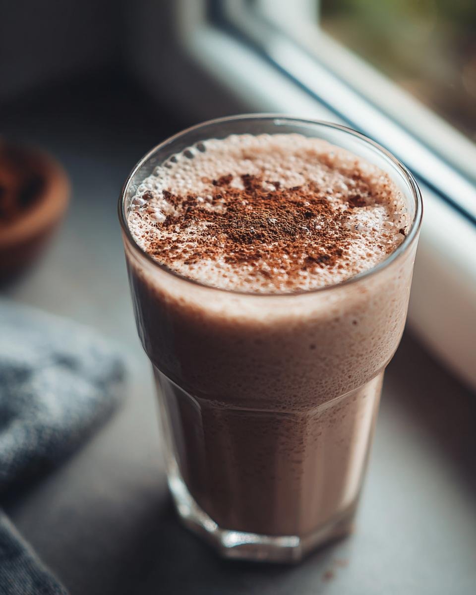A close-up of a Creamy Cinnamon Vanilla Smoothie topped with cinnamon powder in a glass.