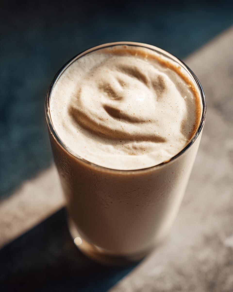 A close-up of a tall glass filled with a frothy Creamy Coconut Oatmeal Smoothie.