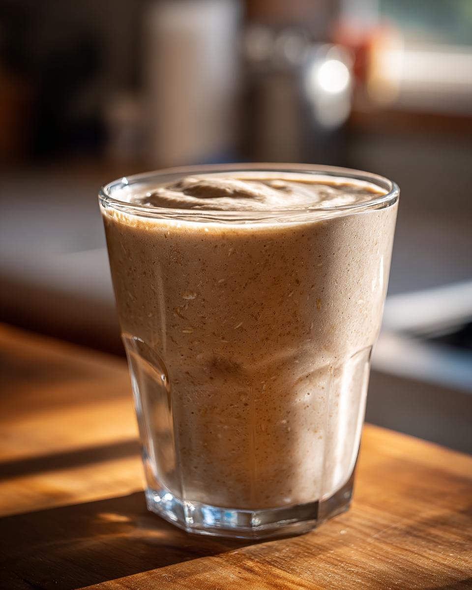 A close-up of a glass filled with a thick, creamy coconut oatmeal smoothie, showing its smooth texture.