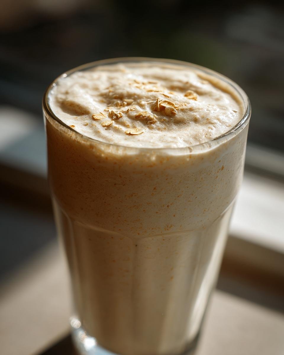 Close-up of a tall glass filled with a creamy coconut oatmeal smoothie, topped with a sprinkle of oats.