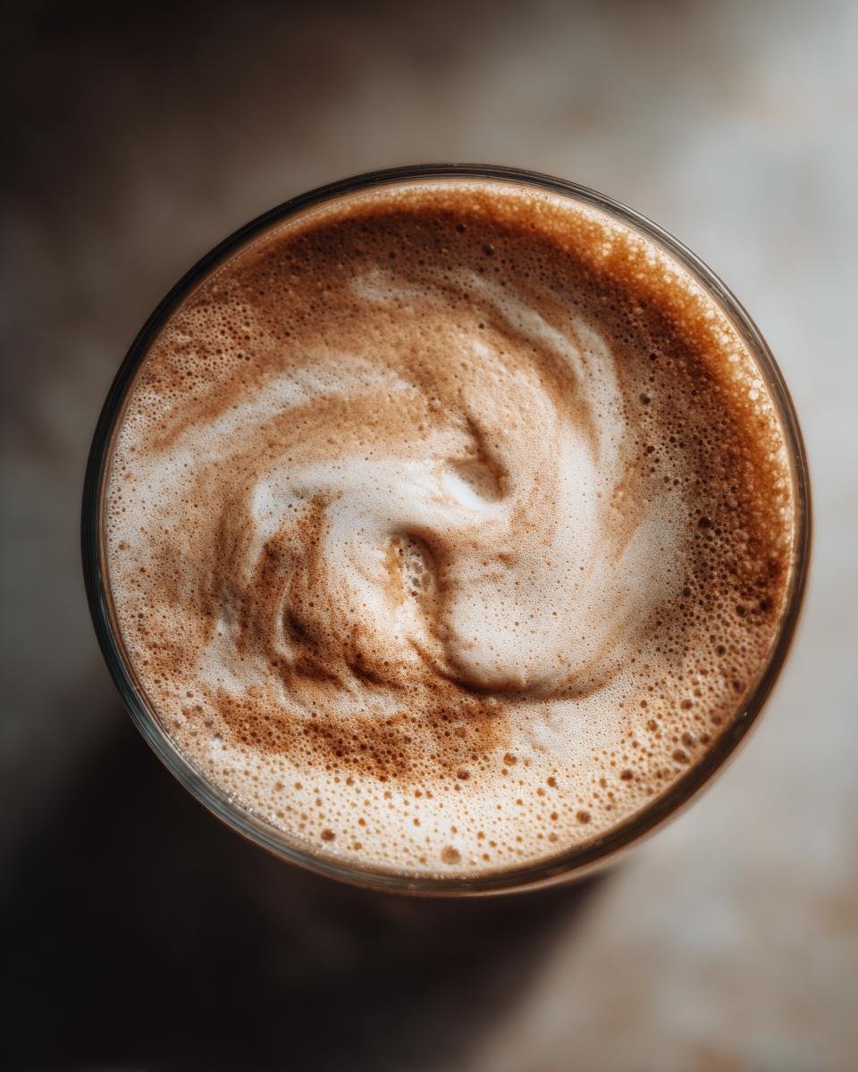 Close-up overhead view of a Creamy Coconut Oatmeal Smoothie with frothy foam and swirling patterns.