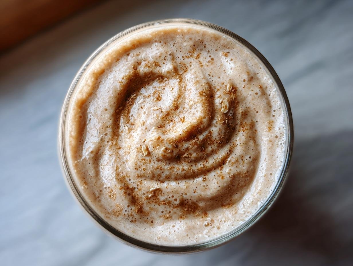 Overhead view of a glass filled with a creamy coconut oatmeal smoothie, topped with a swirl of cinnamon and oats.