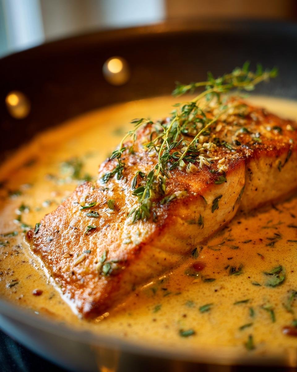 A perfectly cooked fillet of Creamy Garlic Herb Salmon in a rich, golden sauce, garnished with fresh thyme.