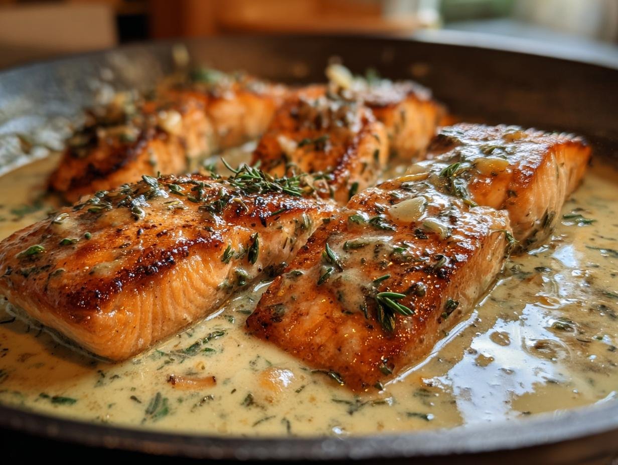 Close-up of perfectly cooked Creamy Garlic Herb Salmon fillets in a rich sauce with fresh herbs.