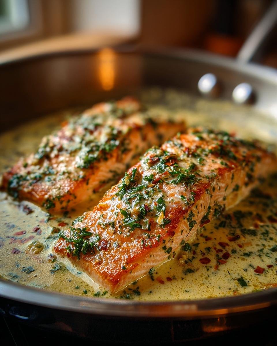 Two perfectly cooked salmon fillets in a creamy garlic herb sauce in a stainless steel pan.