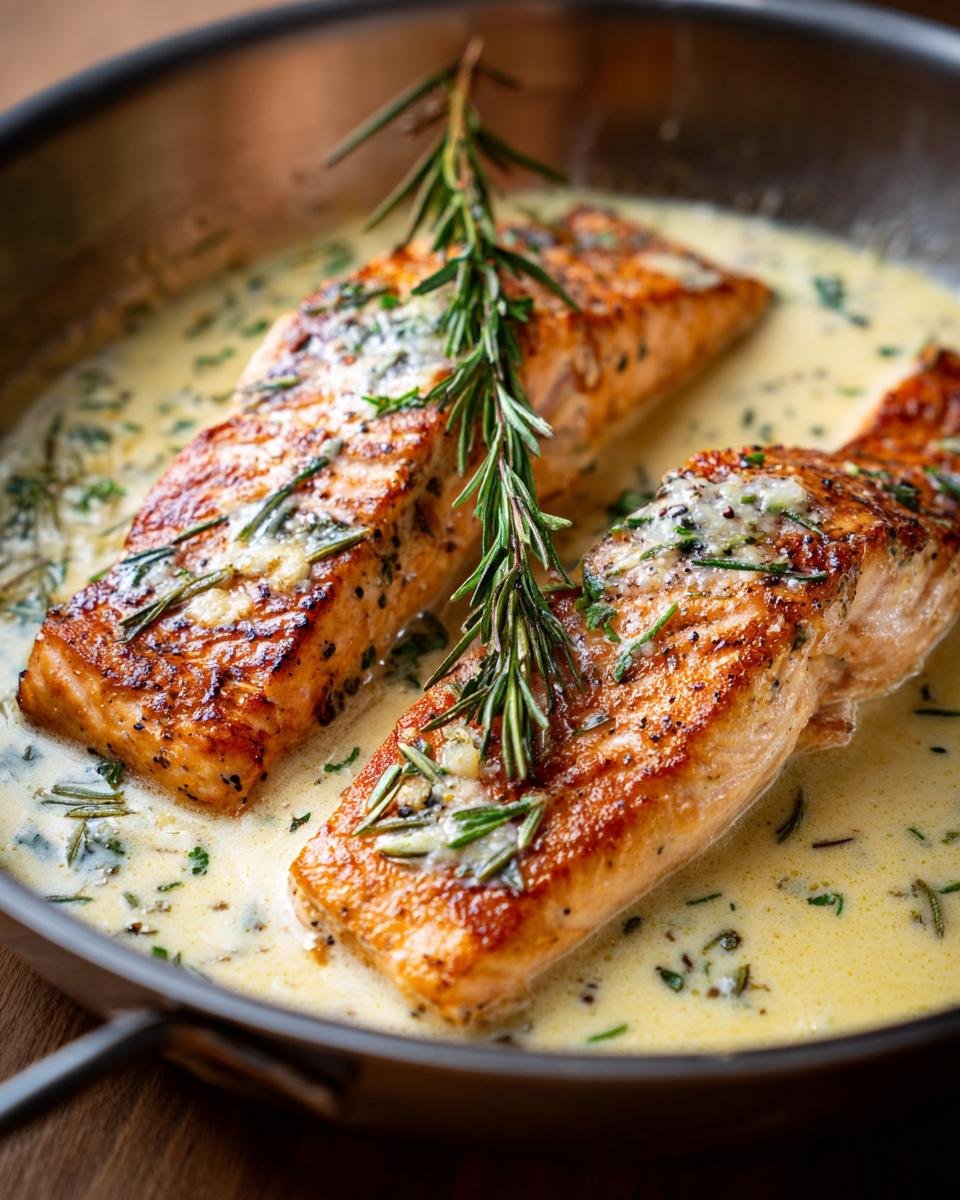 Two fillets of pan-seared Creamy Garlic Herb Salmon in a rich sauce, garnished with rosemary.