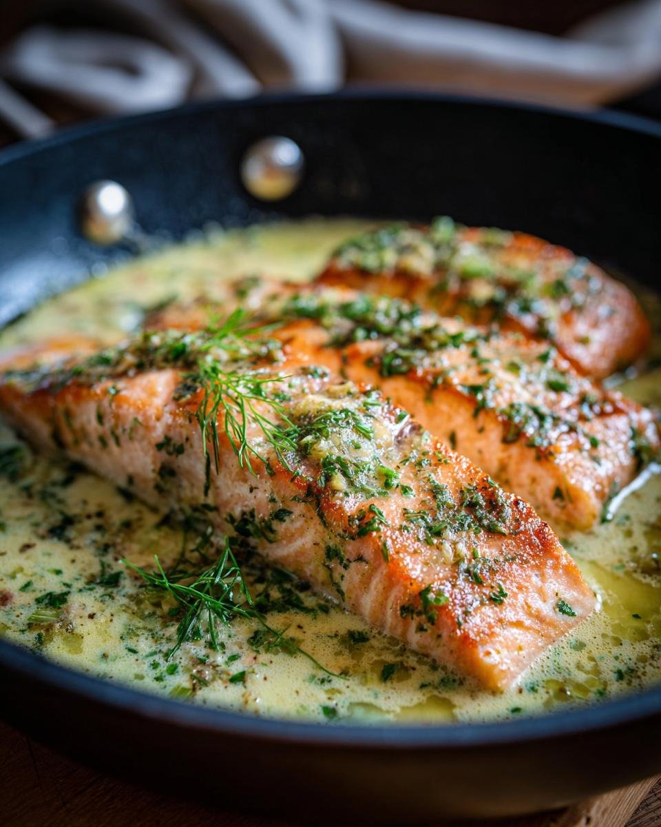 Close-up of delicious Creamy Garlic Herb Salmon fillets cooking in a rich sauce in a black skillet.