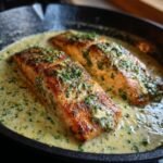 Three fillets of Creamy Garlic Herb Salmon sizzling in a rich, herb-flecked sauce in a cast iron skillet.