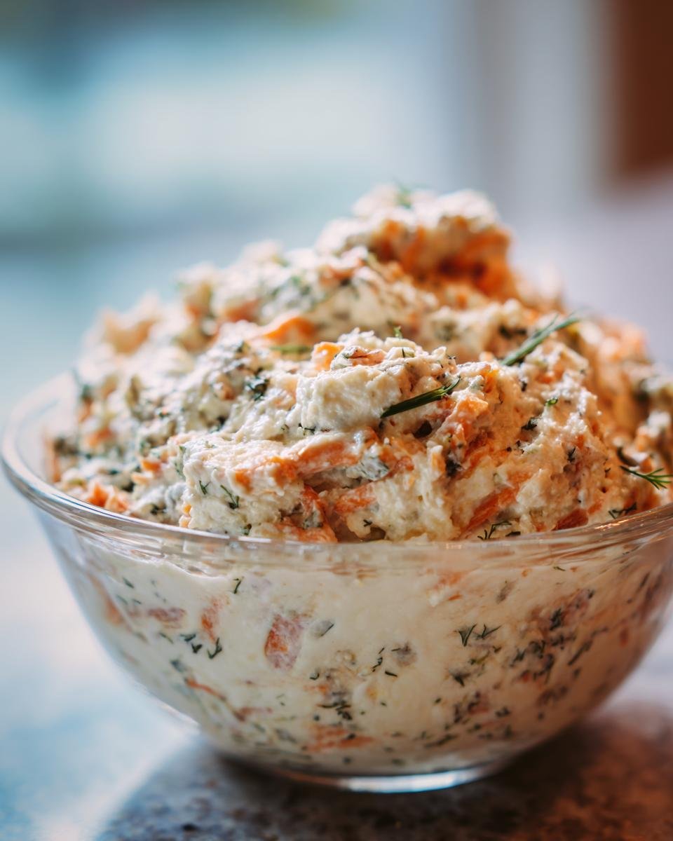 A close-up of a glass bowl filled with Creamy Herb Roasted Salmon Dip, garnished with fresh dill.