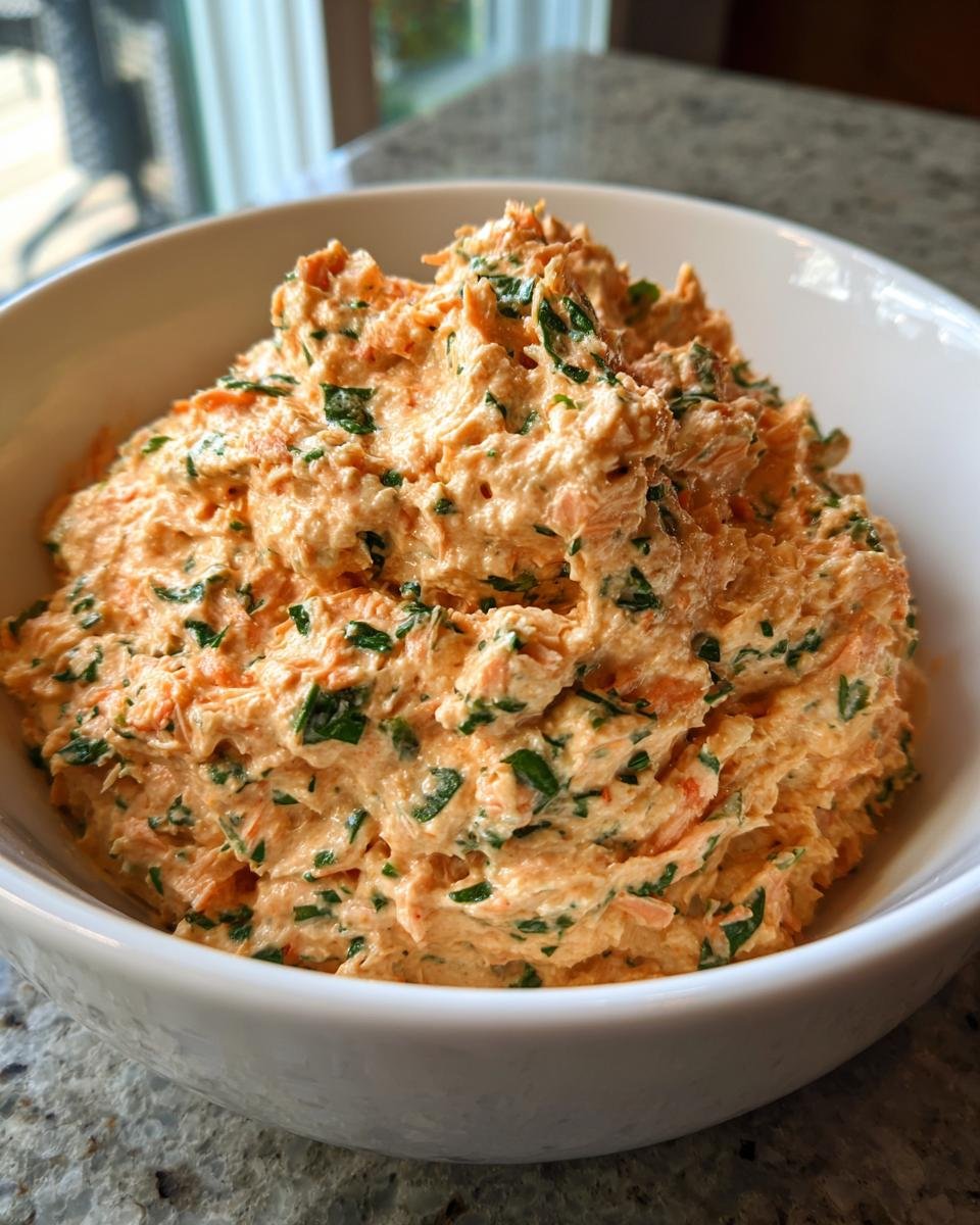 Close-up of a bowl filled with creamy herb roasted salmon dip, showing flecks of herbs and salmon.
