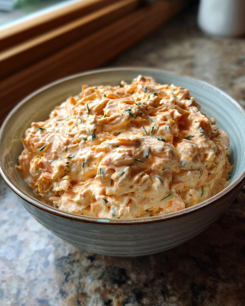 A close-up of a bowl filled with creamy herb roasted salmon dip, showing visible herbs.