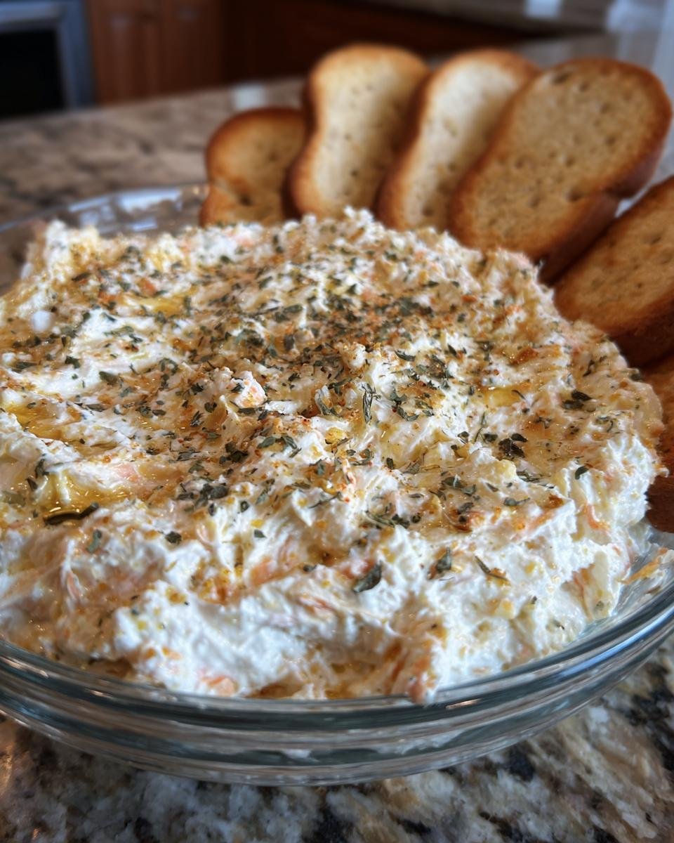 A close-up of a glass bowl filled with Creamy Herb Roasted Salmon Dip, topped with herbs and drizzled with oil, served with toasted bread slices.