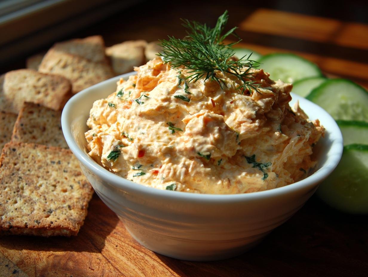 A bowl of Creamy Herb Roasted Salmon Dip garnished with dill, served with crackers and cucumber slices.
