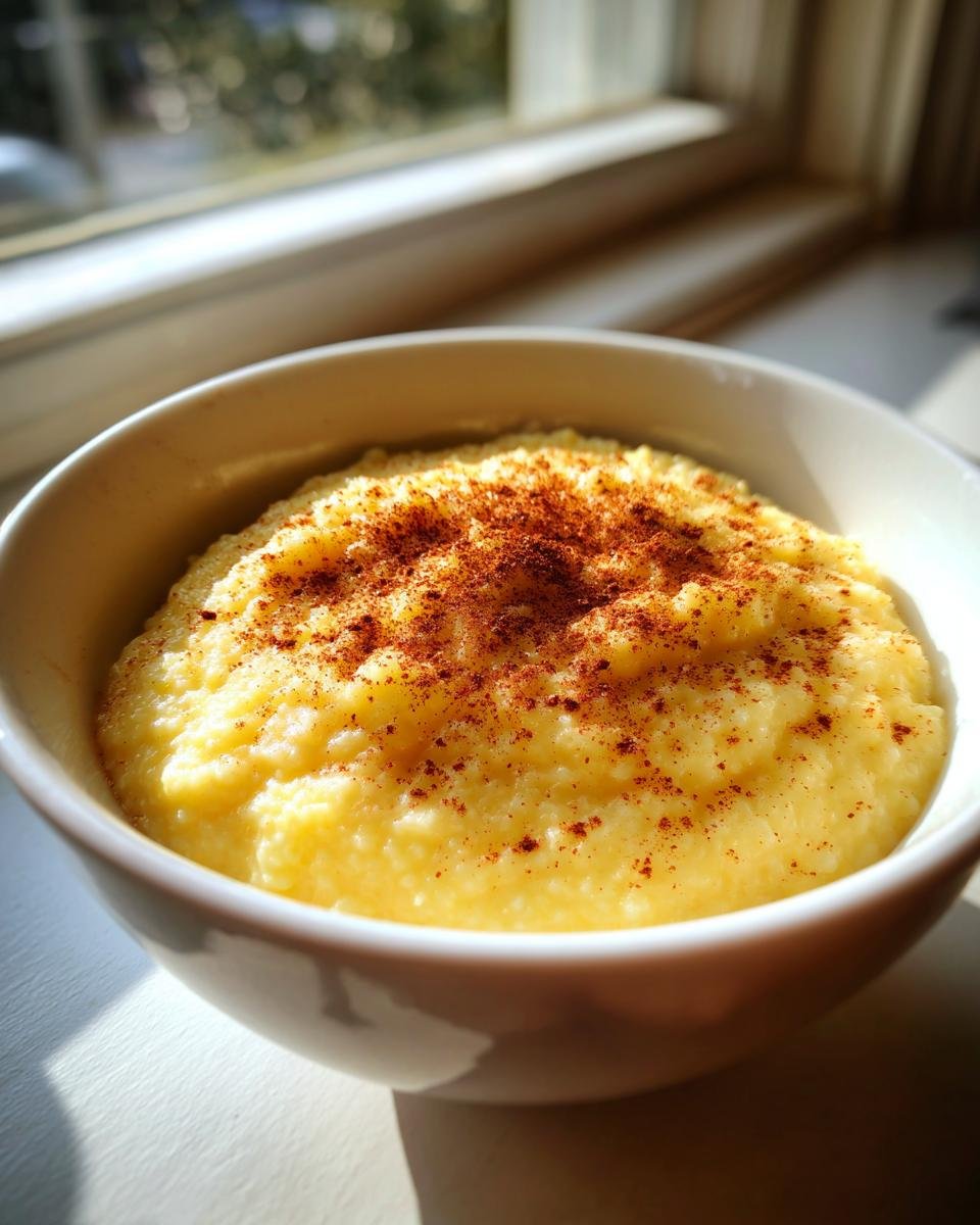 A close-up of a bowl of Creamy Jamaican Cornmeal Porridge, dusted with cinnamon.