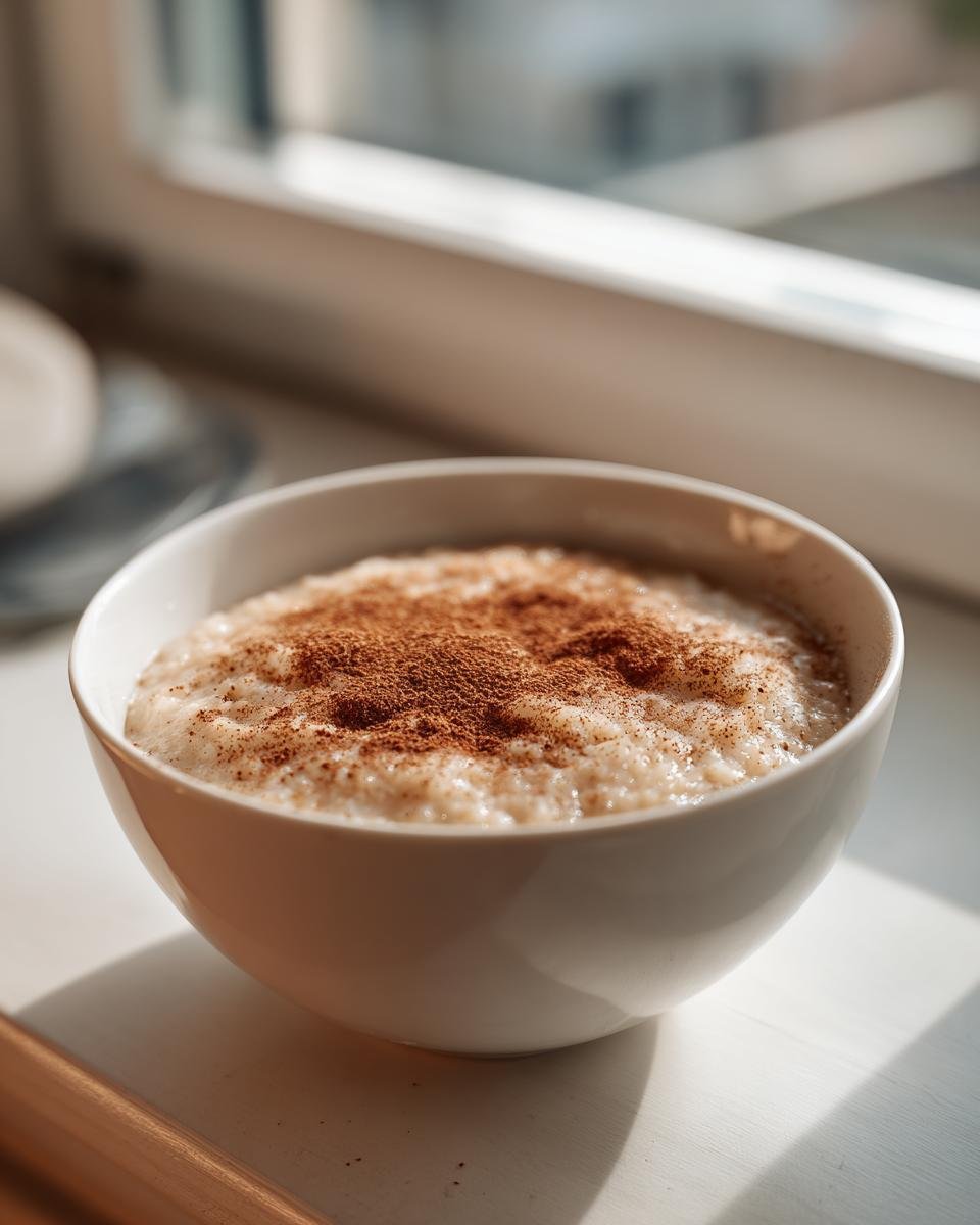 A close-up of a white bowl filled with creamy Jamaican cornmeal porridge, generously sprinkled with cinnamon.