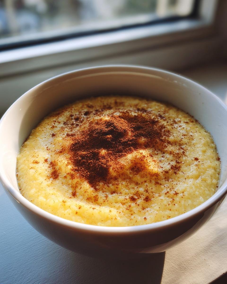 A close-up of a white bowl filled with creamy Jamaican cornmeal porridge, generously sprinkled with cinnamon.