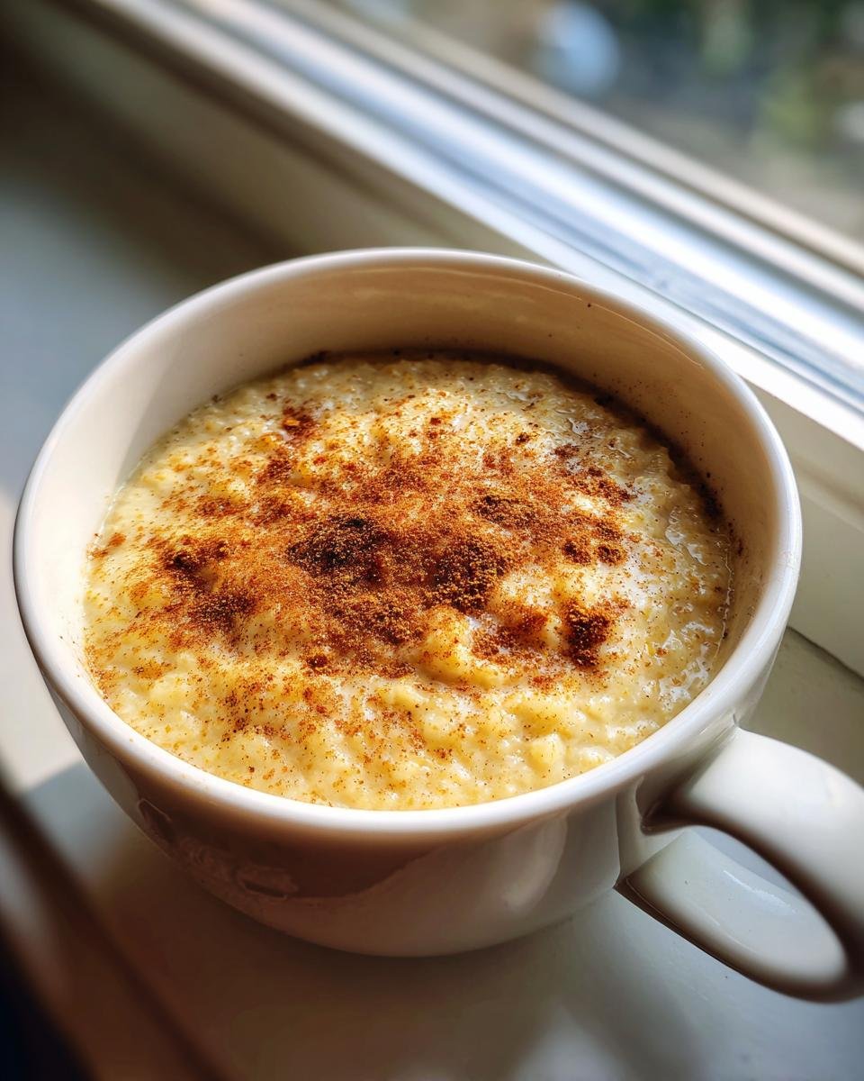 A close-up of a white mug filled with creamy Jamaican cornmeal porridge, topped with a sprinkle of cinnamon.